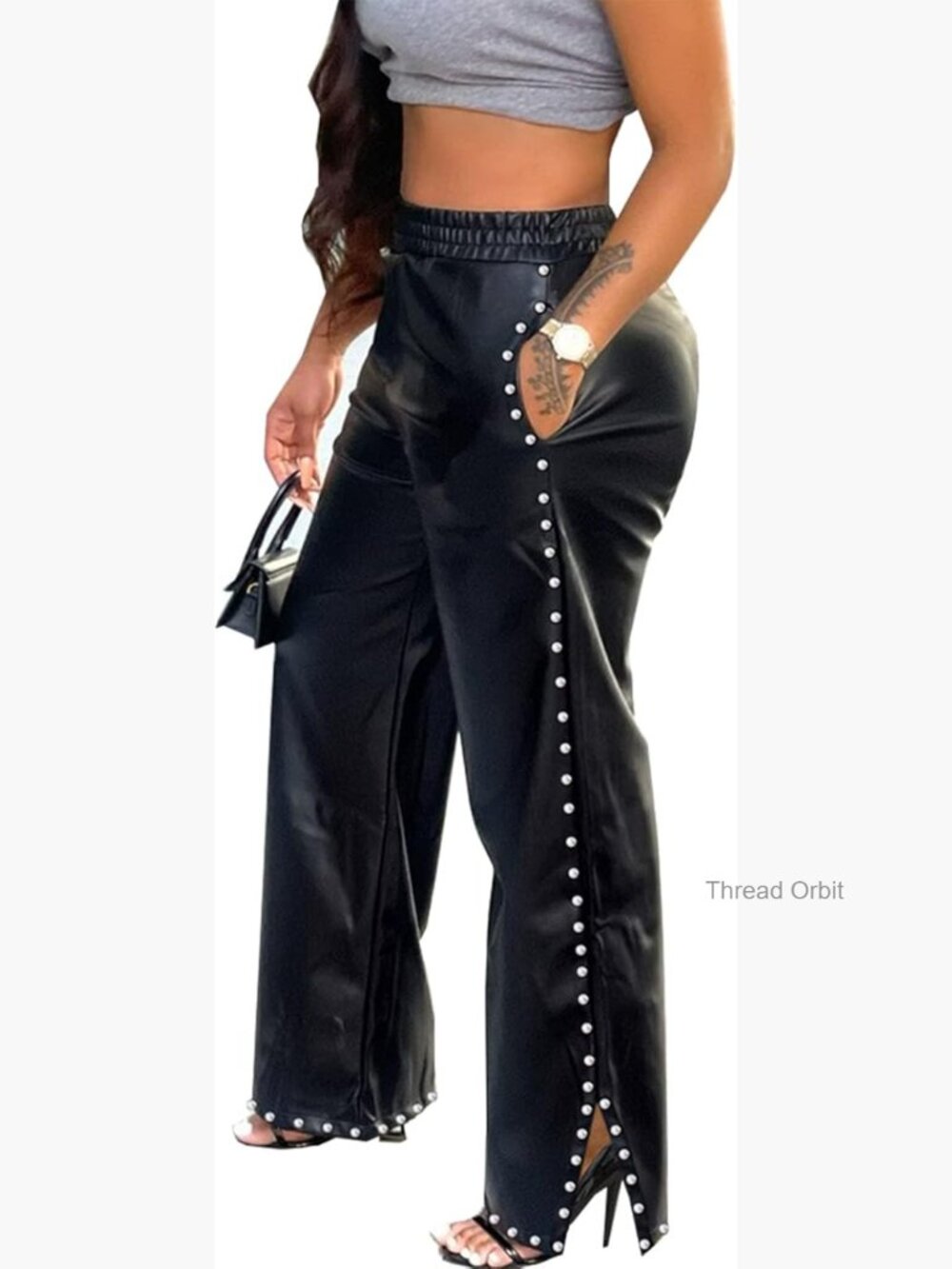 Wide Leg Faux Leather Pants with Pearls Rivets Elastic Waist Trousers Pockets